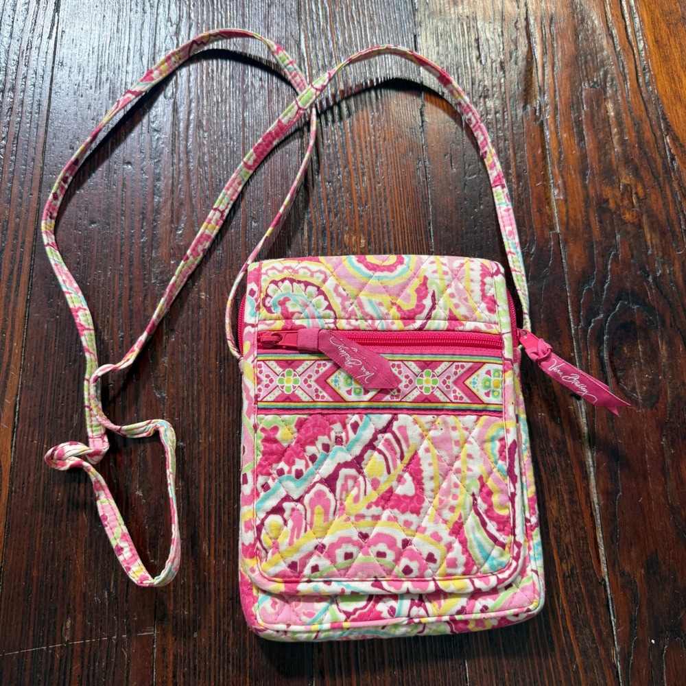 Vera Bradley Crossbody Bag Purse Pink Yellow Paisley Quilted Cotton Travel